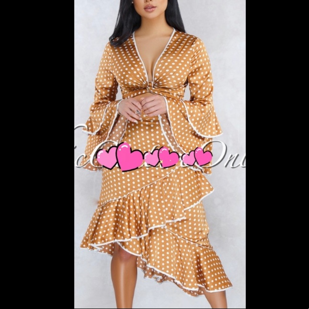 White/Tan polka dot skirt set